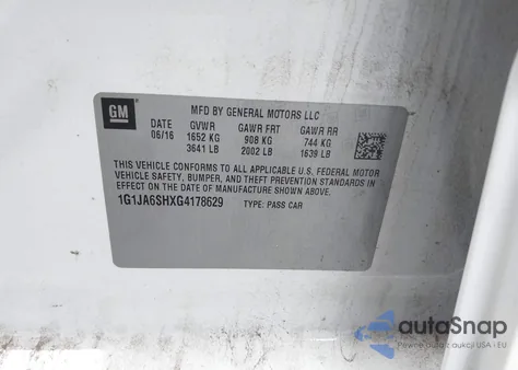 2016 Chevrolet Sonic Ls Auto из США, поврежденный, VIN 1G1JA6SHXG4178629